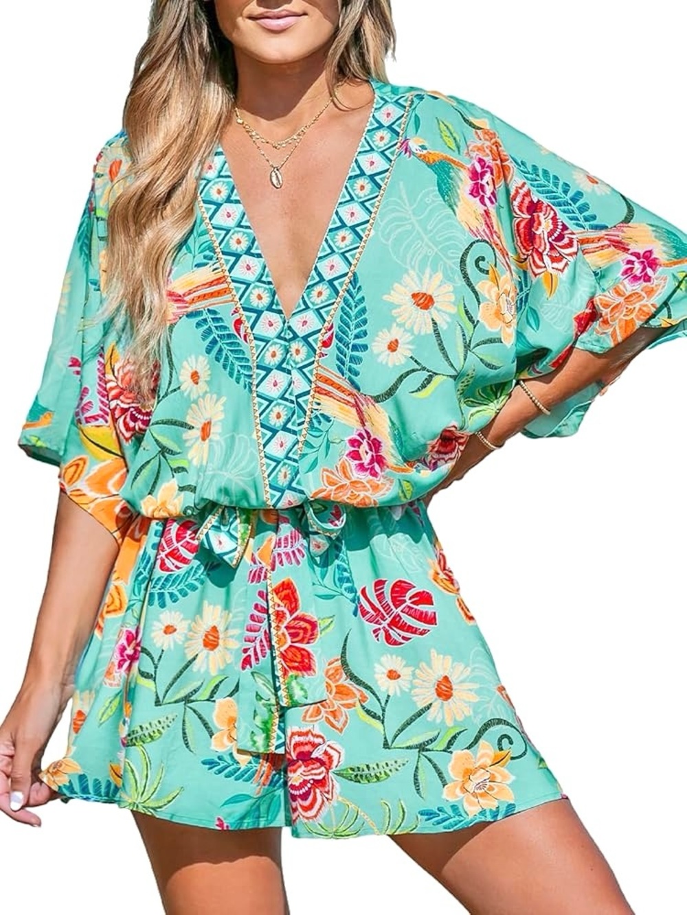 Cupshe Turquoise Floral V-Neck Mini Dress Romper